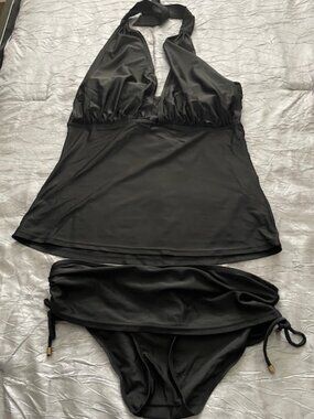 Bikini Bay Blk Soft Padded Halter Tankini Top- Elasticized Draw Strng Btm S L